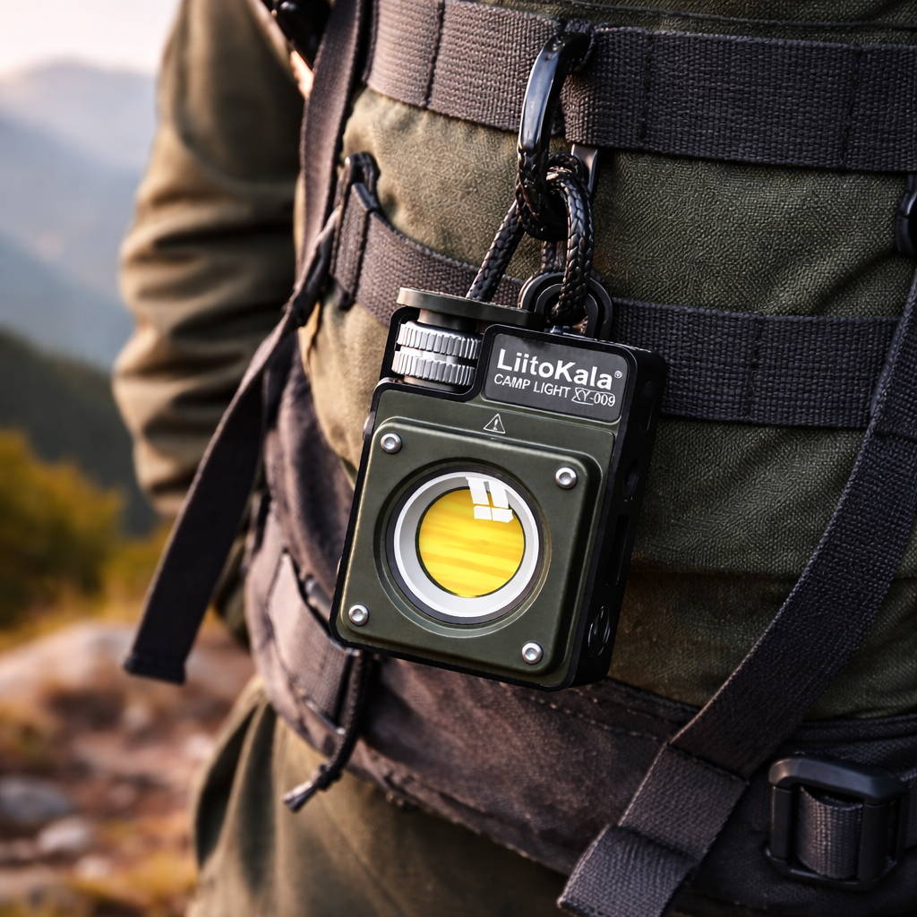 LiitoKala camp light attached to a person's backpack with a mountainous background