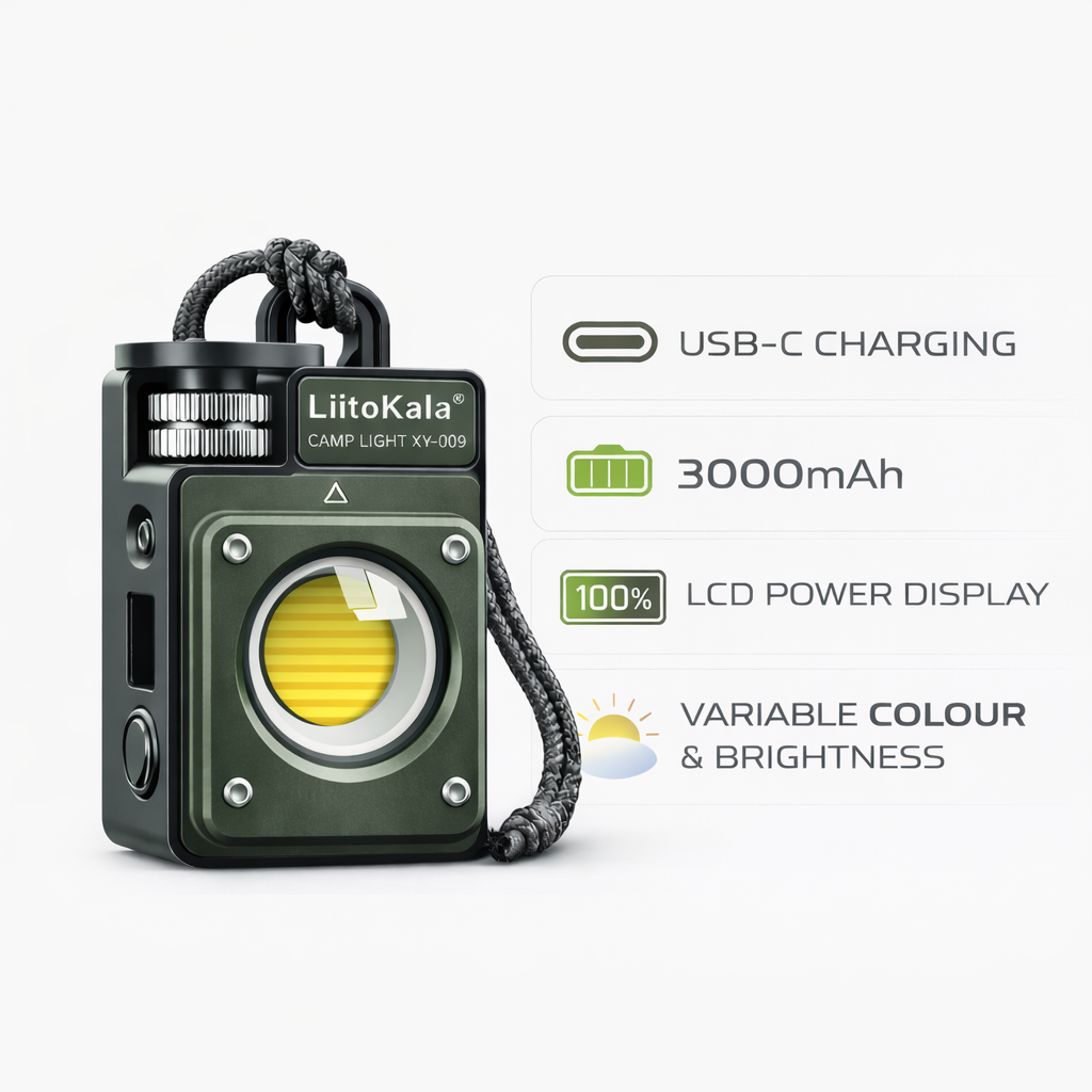 LiitoKala camp light with USB-C charging, 3000mAh capacity, LCD power display, and variable color & brightness features on a white background.