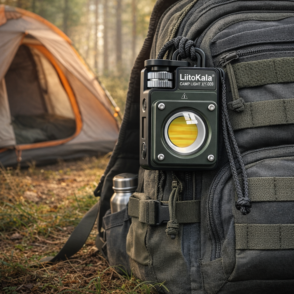 LiitoKala camp light attached to a backpack with a tent in the background