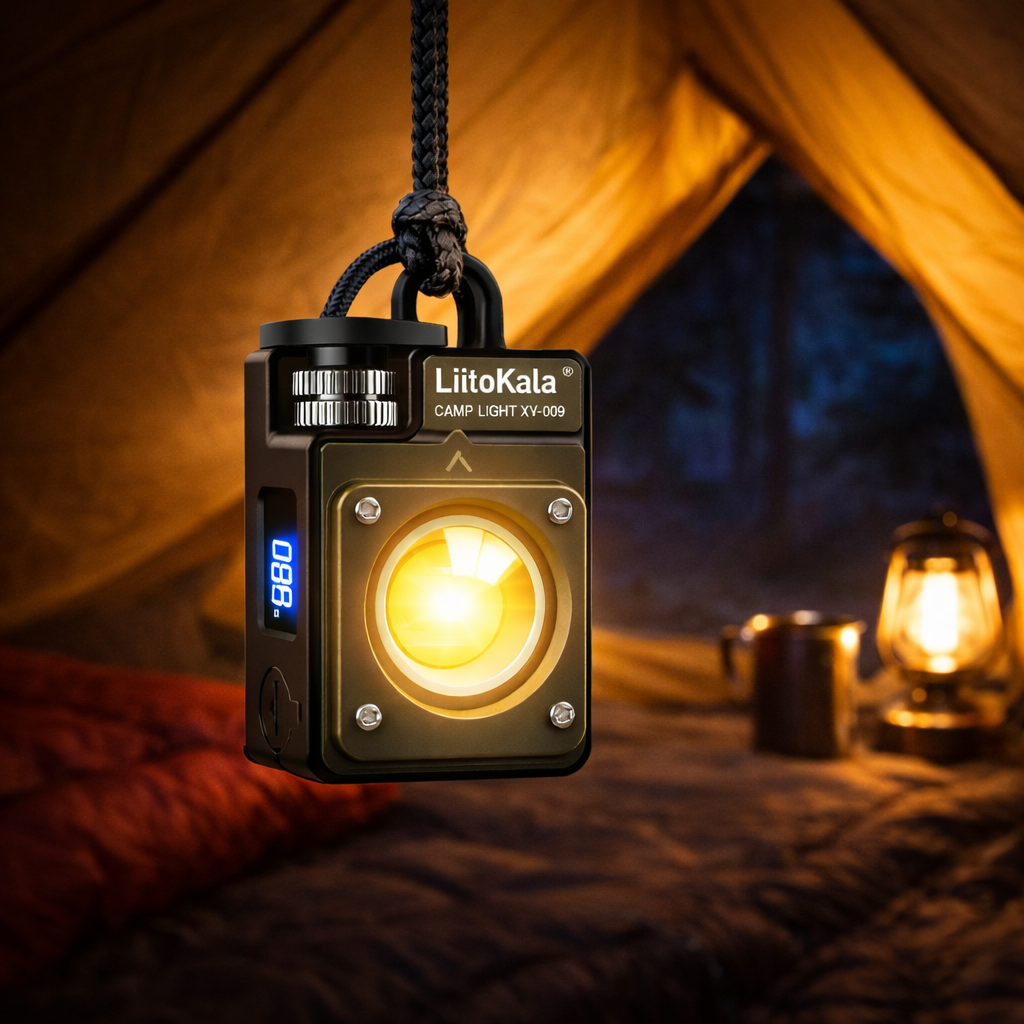 LiitoKala camp light hanging inside a tent with a warm glow