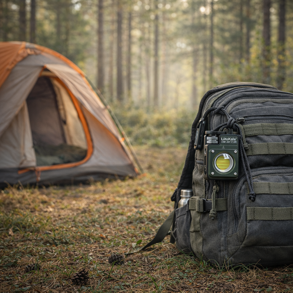 Backpack with camping gear in a forest setting