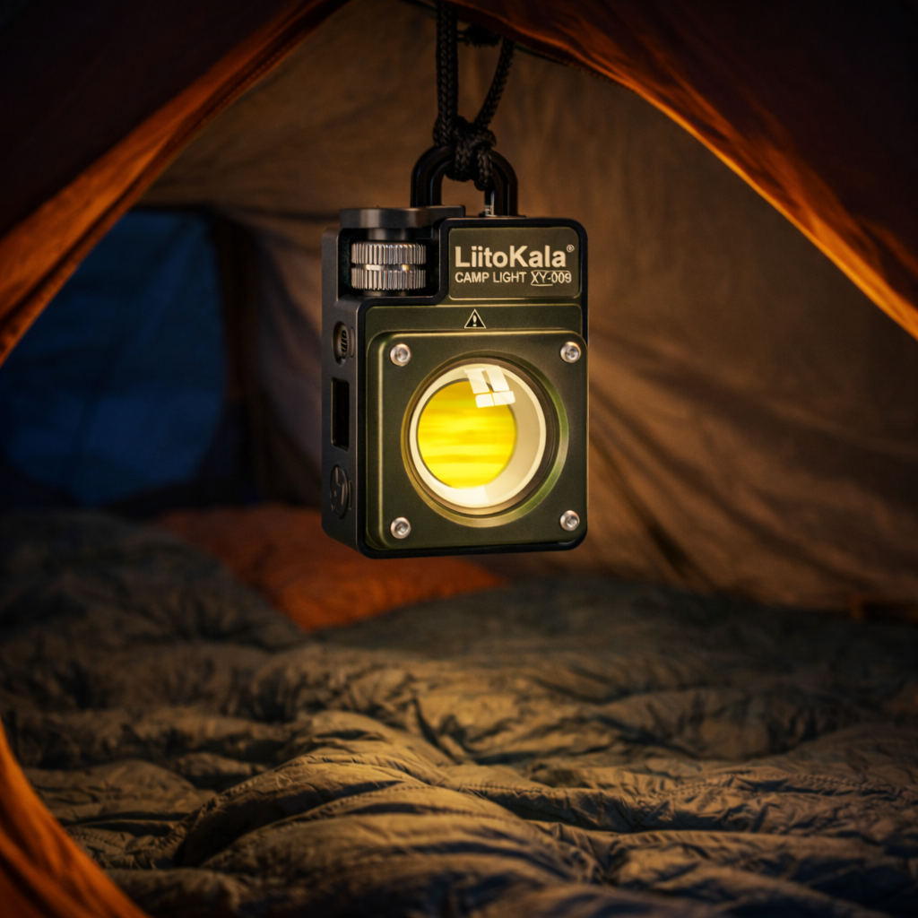 LiitoKala camping light inside a tent with a warm glow