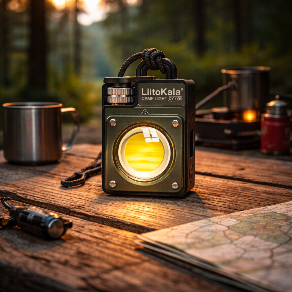 LiitoKala camp light on a wooden table with camping gear in the background