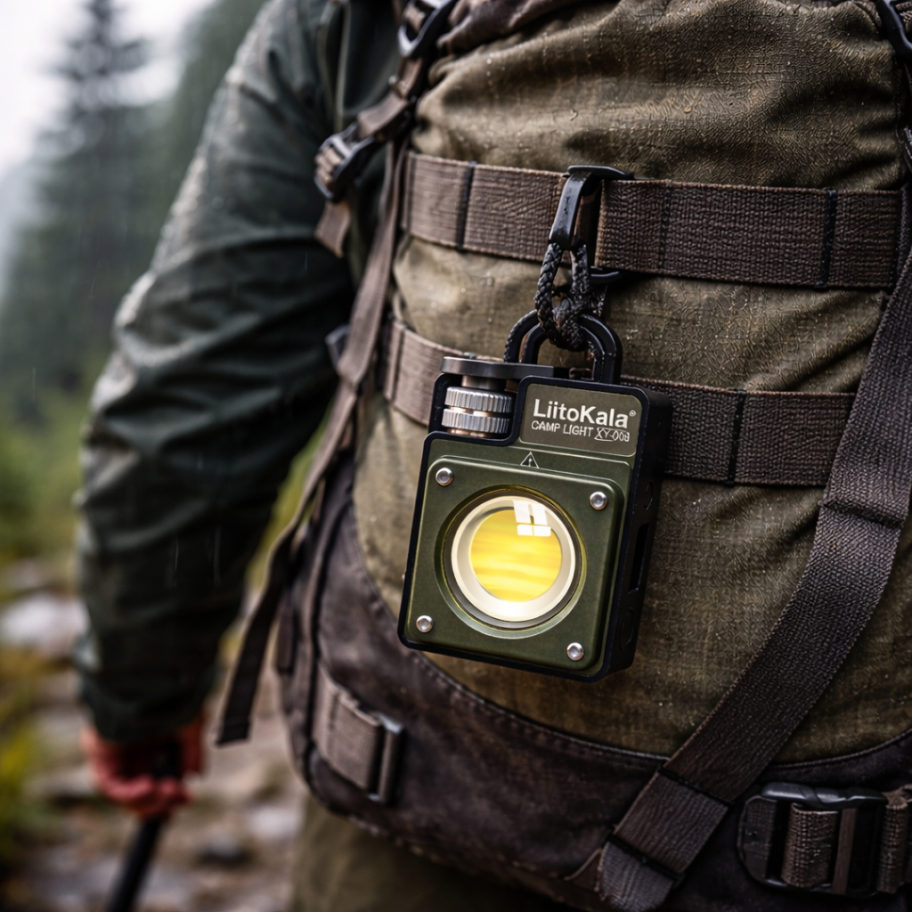 Litokala light attached to a person's backpack outdoors