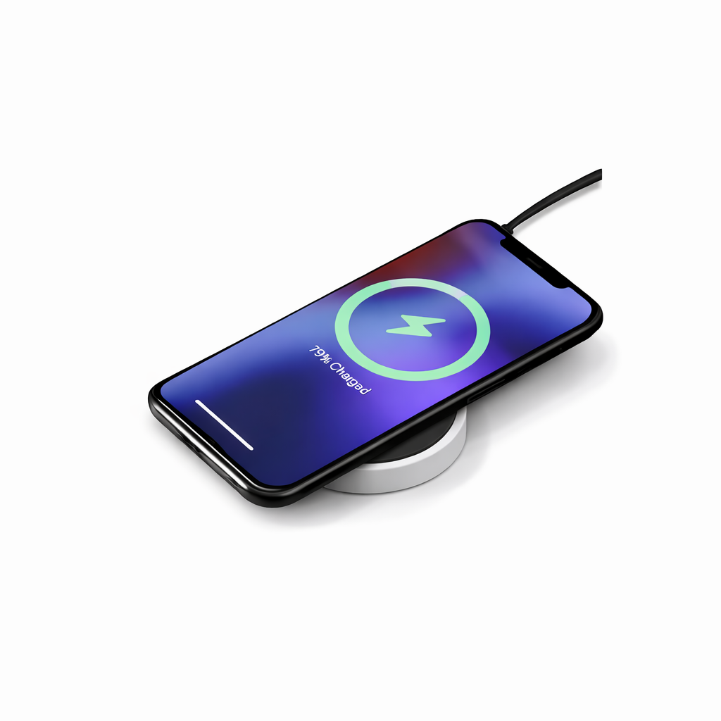 Smartphone with wireless charging pad on a white background