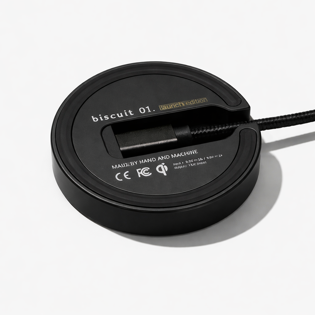 Black cylindrical device with 'biscuit 01' branding on a white background